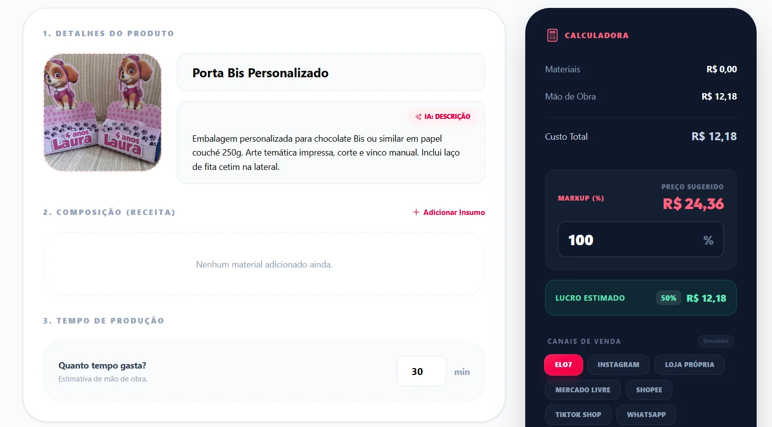 Calculadora de precificação do Ateliê Mania