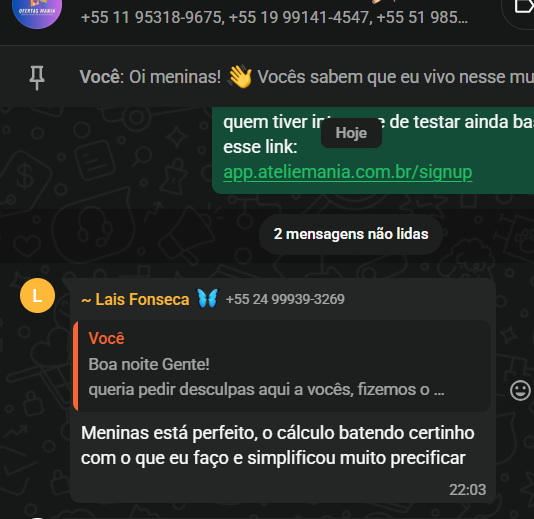 Feedback real de cliente do Ateliê Mania
