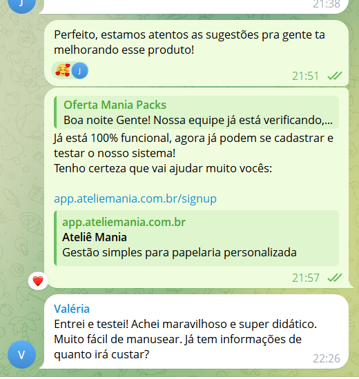 Feedback real de cliente do Ateliê Mania