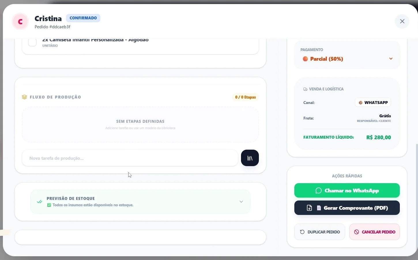 Detalhe de pedido do Ateliê Mania com pagamento parcial, fluxo de produção e geração de comprovante em PDF